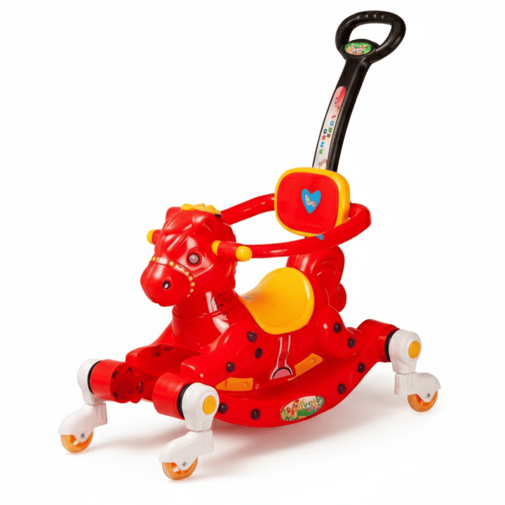 3-in-1 Multifunctional Red Rocking Horse with Push Handle & Wheels for Toddlers - Grow-With-Me Ride-On Toy