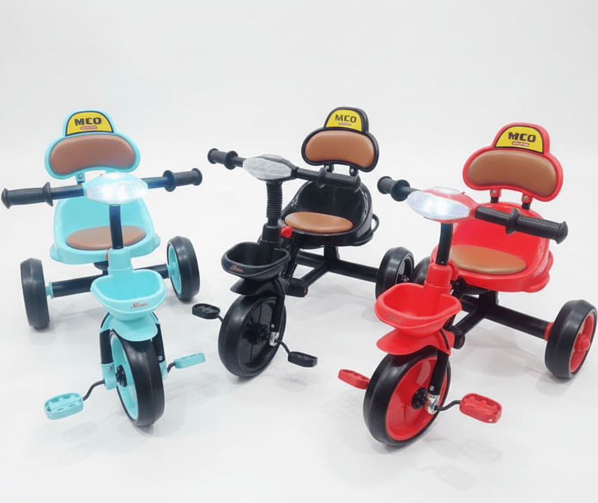 Durable Kids’ Tricycle with Music, Lights, Strong Tyres, Basket & Comfortable Seat – Available in Red, Black, Sky Blue