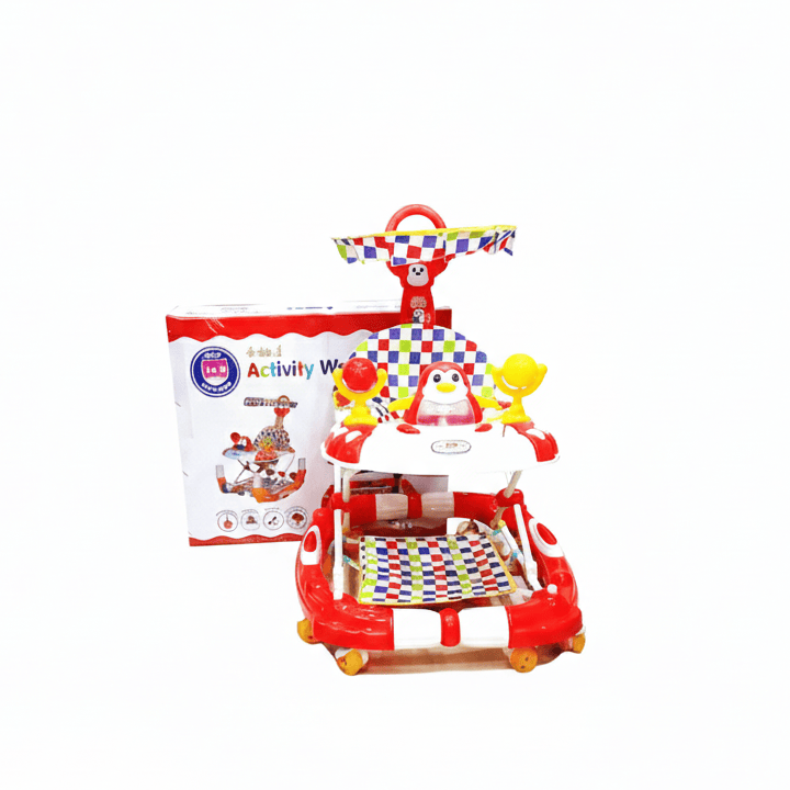 Premium 4-in-1 Baby Activity Walker with Music, Canopy, Toys, Comfortable Seat & Safety Design – Red & White